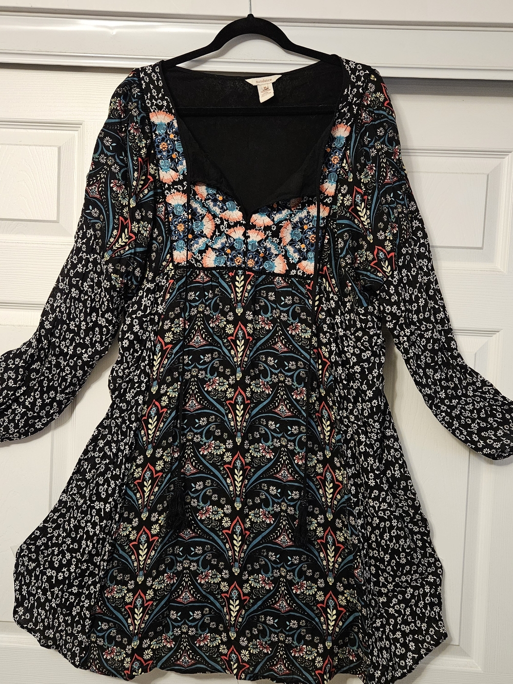 Sundance Embroidered Floral Chelsea Morning Long Sleeve Tie Tassel Dress XL Boho